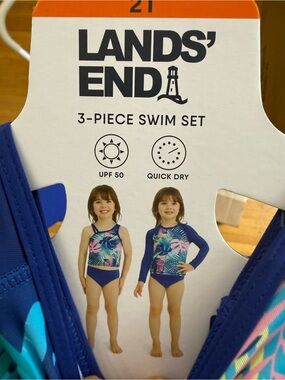 Lands' End Girls Blue Tropical Print 3-Piece Swim Set